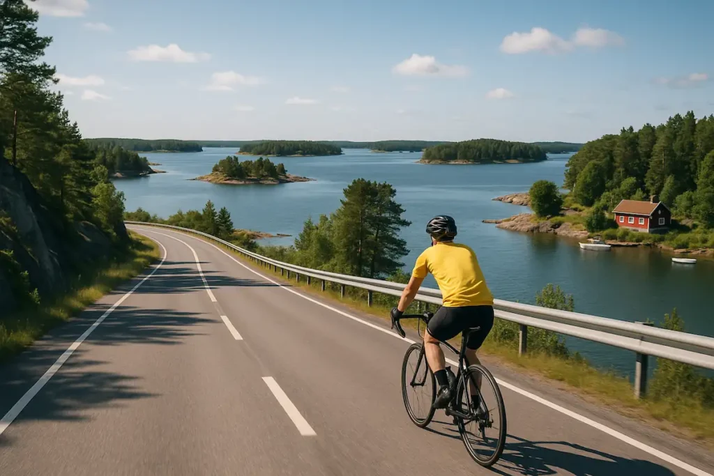 Pyöräilijä Saariston rengastiellä kohti merta, punainen mökki ja saaria taustalla.